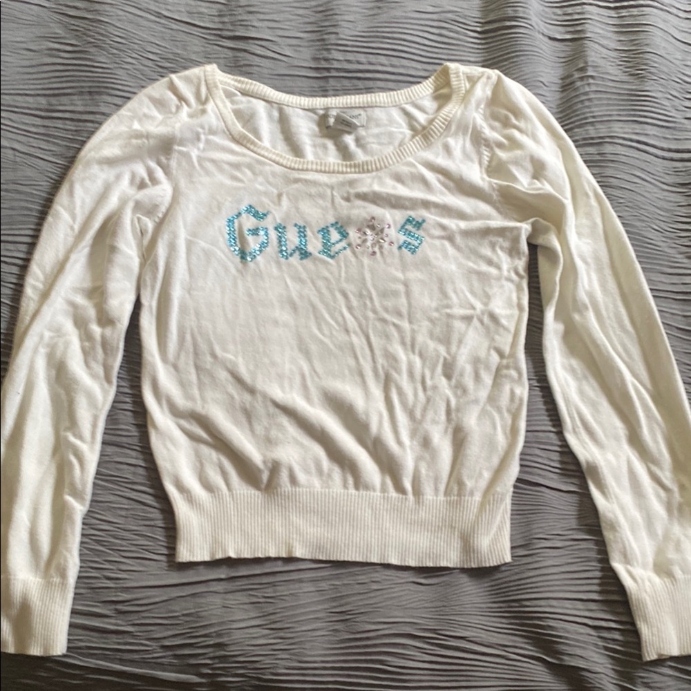 Guess Cream Long Sleeve Tee with Blue Logo